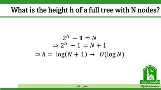 ‫خان‬ ‫سنور‬ Algorithm Analysis
What is the height h of a full tree with N nodes?
2ℎ
− 1 = 𝑁
⇒ 2ℎ
− 1 = 𝑁 + 1
⇒ ℎ = log 𝑁 + 1 → 𝑂(log 𝑁)
 