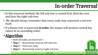 ‫خان‬ ‫سنور‬ Algorithm Analysis
In-order Traversal
• In this traversal method, the left sub tree is visited first, then the root
and later the right sub-tree.
• We should always remember that every node may represent a sub tree
itself.
• If a binary tree is traversed in-order, the output will produce sorted key
values in an ascending order.
•Algorithm
• Until all nodes are traversed −
• Step 1 − Recursively traverse left sub tree.
• Step 2 − Visit root node.
• Step 3 − Recursively traverse right sub tree.
 
