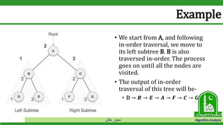 ‫خان‬ ‫سنور‬ Algorithm Analysis
Example
• We start from A, and following
in-order traversal, we move to
its left subtree B. B is also
traversed in-order. The process
goes on until all the nodes are
visited.
• The output of in-order
traversal of this tree will be-
• D → 𝑩 → 𝑬 → 𝑨 → 𝑭 → 𝑪 → 𝑮
 