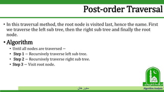 ‫خان‬ ‫سنور‬ Algorithm Analysis
Post-order Traversal
• In this traversal method, the root node is visited last, hence the name. First
we traverse the left sub tree, then the right sub tree and finally the root
node.
•Algorithm
• Until all nodes are traversed −
• Step 1 − Recursively traverse left sub tree.
• Step 2 − Recursively traverse right sub tree.
• Step 3 − Visit root node.
 