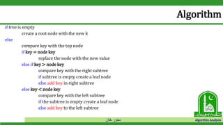 ‫خان‬ ‫سنور‬ Algorithm Analysis
Algorithm
if tree is empty
create a root node with the new k
else
compare key with the top node
if key = node key
replace the node with the new value
else if key > node key
compare key with the right subtree
if subtree is empty create a leaf node
else add key in right subtree
else key < node key
compare key with the left subtree
if the subtree is empty create a leaf node
else add key to the left subtree
 