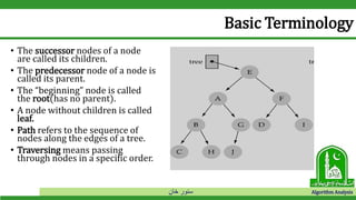 ‫خان‬ ‫سنور‬ Algorithm Analysis
Basic Terminology
• The successor nodes of a node
are called its children.
• The predecessor node of a node is
called its parent.
• The “beginning” node is called
the root(has no parent).
• A node without children is called
leaf.
• Path refers to the sequence of
nodes along the edges of a tree.
• Traversing means passing
through nodes in a specific order.
 