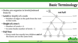 ‫خان‬ ‫سنور‬ Algorithm Analysis
Basic Terminology
• Nodes are organize in levels(indexed
from 0)
• Level(or depth) of a node
• Number of edges in the path from the root
to that node.
• Height of a tree h
• Number of Levels = L
• In some books number of levels – 1
• Full Tree
• Every node has exactly two children and all
the leaves are on the same level.
 