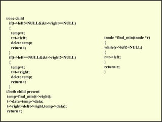 //one child
if(t->left!=NULL&&t->right==NULL)
{
temp=t;
t=t->left;
delete temp;
return t;
}
if(t->left==NULL&&t->right!=NULL)
{
temp=t;
t=t->right;
delete temp;
return t;
}
//both child present
temp=find_min(t->right);
t->data=temp->data;
t->right=del(t->right,temp->data);
return t;
tnode *find_min(tnode *r)
{
while(r->left!=NULL)
{
r=r->left;
}
return r;
}
 