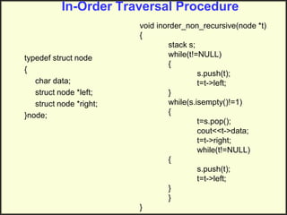 In-Order Traversal Procedure
typedef struct node
{
char data;
struct node *left;
struct node *right;
}node;
void inorder_non_recursive(node *t)
{
stack s;
while(t!=NULL)
{
s.push(t);
t=t->left;
}
while(s.isempty()!=1)
{
t=s.pop();
cout<<t->data;
t=t->right;
while(t!=NULL)
{
s.push(t);
t=t->left;
}
}
}
 