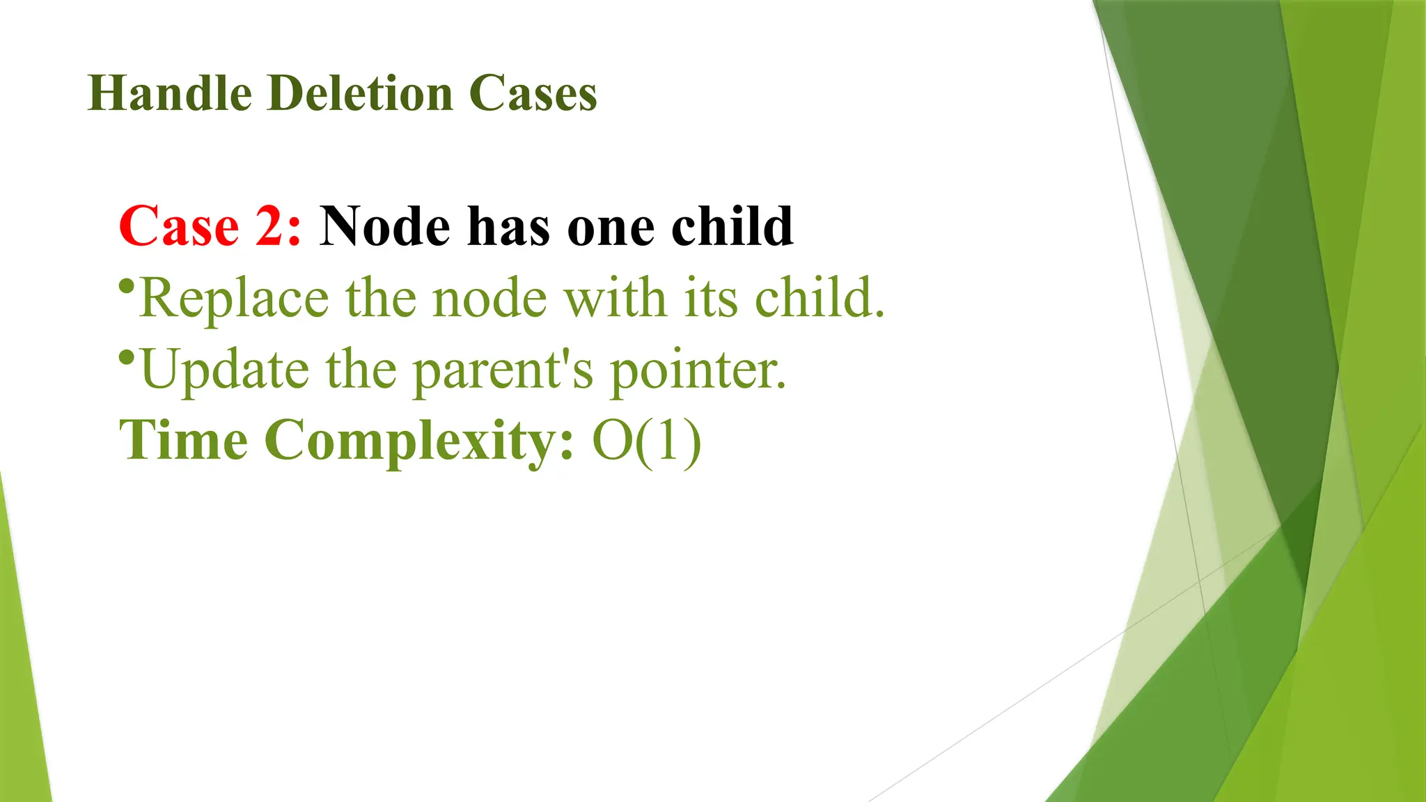 Handle Deletion Cases
Case 2: Node has one child
•Replace the node with its child.
•Update the parent's pointer.
Time Complexity: O(1)
 