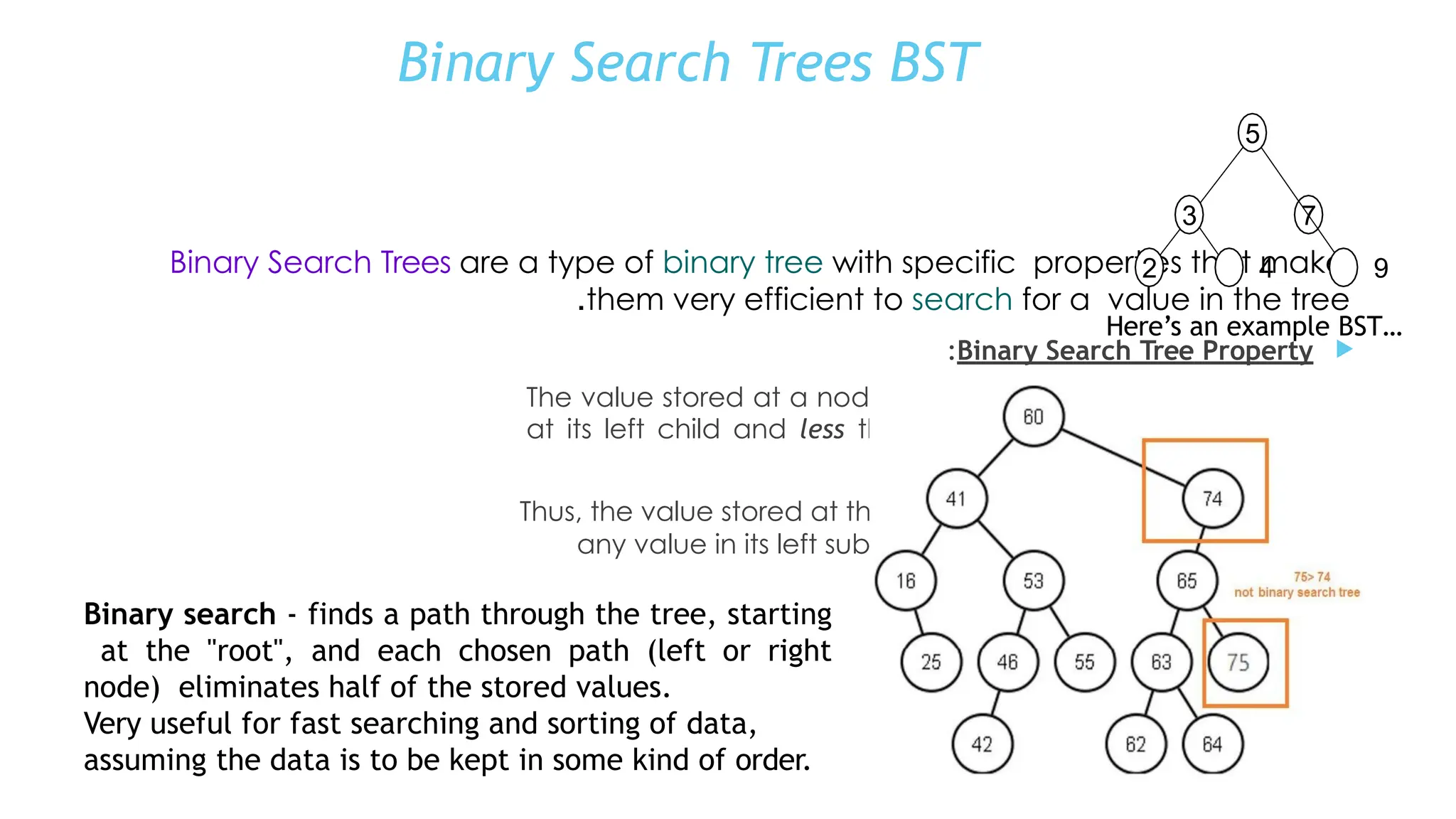 Binary Search Trees BST
•
Binary Search Trees are a type of binary tree with specific properties that make
them very efficient to search for a value in the tree
.

Binary Search Tree Property
:

The value stored at a node is greater than the value stored
at its left child and less than the value stored at its right
child

Thus, the value stored at the root of a subtree is greater than
any value in its left subtree and less than any value in its
right subtree
!!
3
5
7
2 4 9
Here’s an example BST…
Binary search - finds a path through the tree, starting
at the "root", and each chosen path (left or right
node) eliminates half of the stored values.
Very useful for fast searching and sorting of data,
assuming the data is to be kept in some kind of order.
 