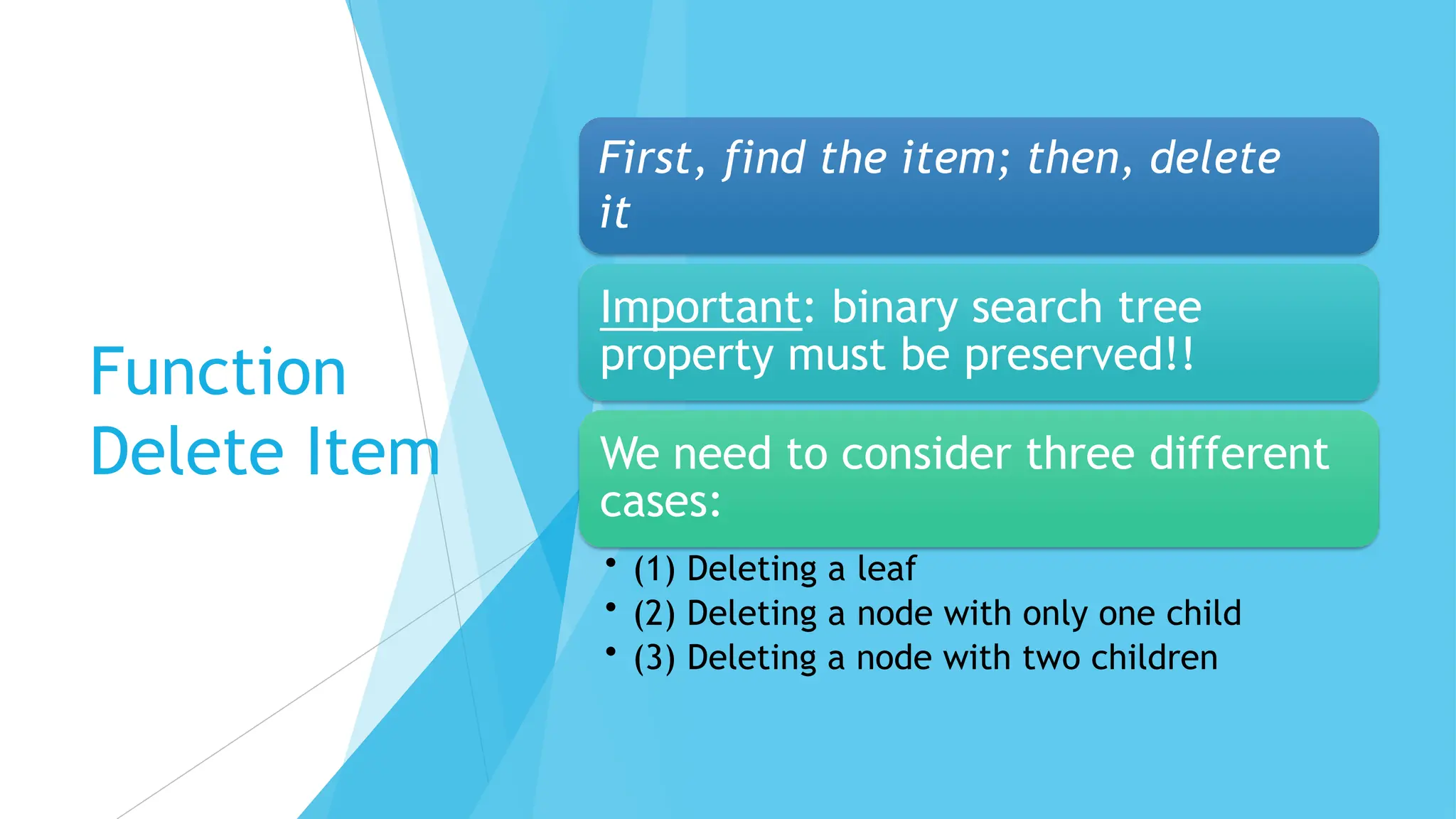 Function
Delete Item
First, find the item; then, delete
it
Important: binary search tree
property must be preserved!!
We need to consider three different
cases:
• (1) Deleting a leaf
• (2) Deleting a node with only one child
• (3) Deleting a node with two children
 