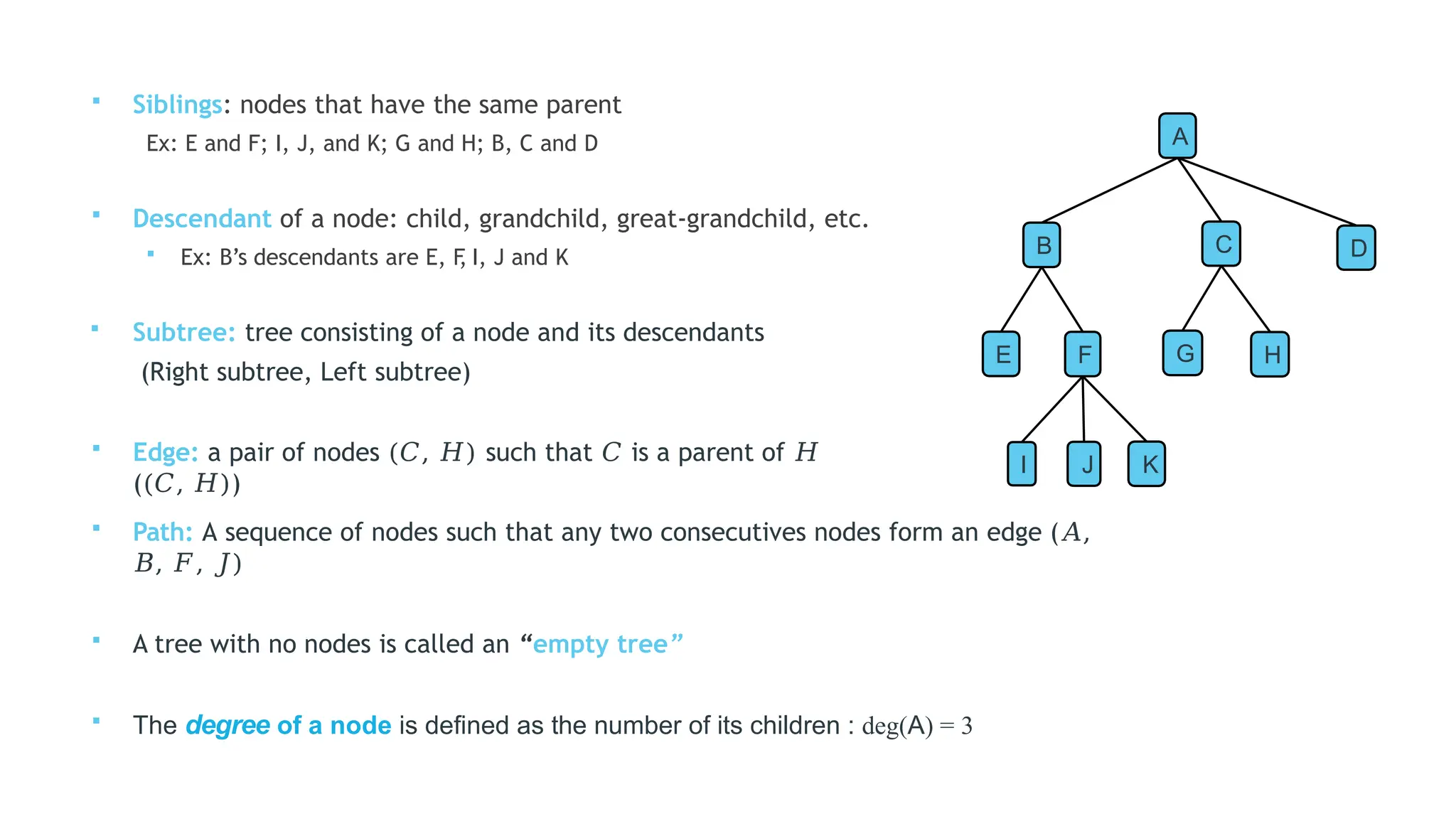  Siblings: nodes that have the same parent
Ex: E and F; I, J, and K; G and H; B, C and D
 Descendant of a node: child, grandchild, great-grandchild, etc.
 Ex: B’s descendants are E, F
, I, J and K
 Subtree: tree consisting of a node and its descendants
(Right subtree, Left subtree)
 Edge: a pair of nodes (𝐶, 𝐻) such that 𝐶 is a parent of 𝐻
((𝐶, 𝐻))
 Path: A sequence of nodes such that any two consecutives nodes form an edge (𝐴,
𝐵, 𝐹, 𝐽)
 A tree with no nodes is called an “empty tree”
 The degree of a node is defined as the number of its children : deg(A) = 3
A
B D
C
G H
E F
I J K
 