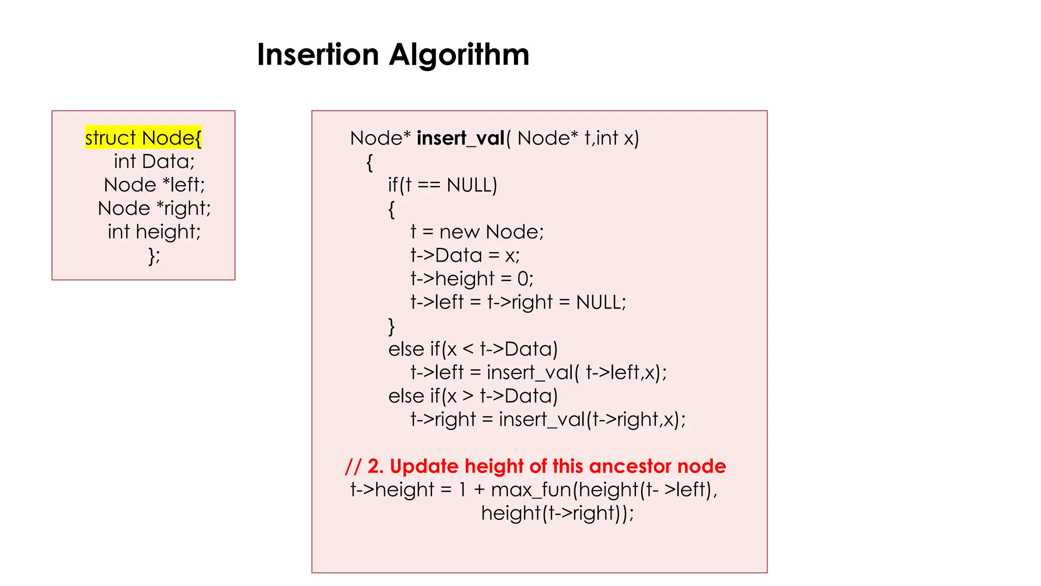 Insertion Algorithm
struct Node{
int Data;
Node *left;
Node *right;
int height;
};
Node* insert_val( Node* t,int x)
{
if(t == NULL)
{
t = new Node;
t->Data = x;
t->height = 0;
t->left = t->right = NULL;
}
else if(x < t->Data)
t->left = insert_val( t->left,x);
else if(x > t->Data)
t->right = insert_val(t->right,x);
// 2. Update height of this ancestor node
t->height = 1 + max_fun(height(t- >left),
height(t->right));
 