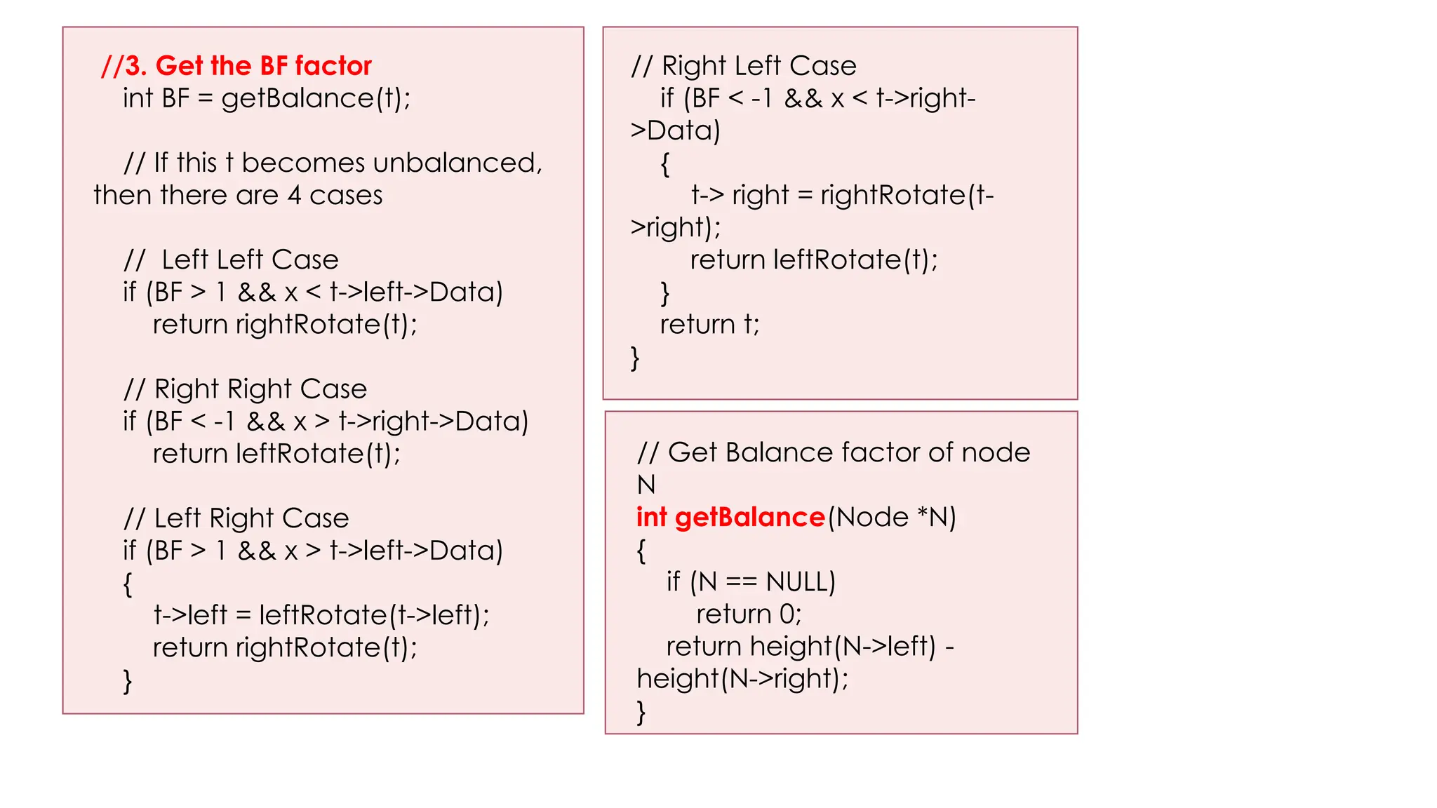 //3. Get the BF factor
int BF = getBalance(t);
// If this t becomes unbalanced,
then there are 4 cases
// Left Left Case
if (BF > 1 && x < t->left->Data)
return rightRotate(t);
// Right Right Case
if (BF < -1 && x > t->right->Data)
return leftRotate(t);
// Left Right Case
if (BF > 1 && x > t->left->Data)
{
t->left = leftRotate(t->left);
return rightRotate(t);
}
// Right Left Case
if (BF < -1 && x < t->right-
>Data)
{
t-> right = rightRotate(t-
>right);
return leftRotate(t);
}
return t;
}
// Get Balance factor of node
N
int getBalance(Node *N)
{
if (N == NULL)
return 0;
return height(N->left) -
height(N->right);
}
 