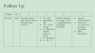 Follow Up
Tanggal Jam S O A P
30/12/22 10.00 Keadaan pasien
baik, keluar cairan
dari jalan lahir,
mules (-)
● KU : baik
● Kesadaran :
CM
● TD : 110/70
mmHg
● N : 90x/menit,
regular,
equal, isi
cukup
● R : 20x/menit
● S : 36.7 ⁰C
G2P1A0 Gravida
20 minggu 1 hari
+ oligohidramnion
ec. KPSW
(PPROM)
● Infus RL
1000cc/24 jam
● Observasi
TTV, His, DJJ,
kemajuan
persalinan
● Obat
dilanjutkan
 