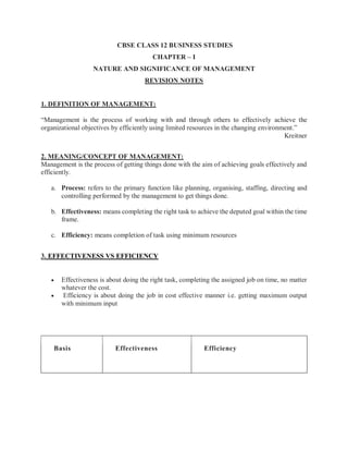 CBSE CLASS 12 BUSINESS STUDIES
CHAPTER – I
NATURE AND SIGNIFICANCE OF MANAGEMENT
REVISION NOTES
1. DEFINITION OF MANAGEMENT:
“Management is the process of working with and through others to effectively achieve the
organizational objectives by efficiently using limited resources in the changing environment.”
Kreitner
2. MEANING/CONCEPT OF MANAGEMENT:
Management is the process of getting things done with the aim of achieving goals effectively and
efficiently.
a. Process: refers to the primary function like planning, organising, staffing, directing and
controlling performed by the management to get things done.
b. Effectiveness: means completing the right task to achieve the deputed goal within the time
frame.
c. Efficiency: means completion of task using minimum resources
3. EFFECTIVENESS VS EFFICIENCY
• Effectiveness is about doing the right task, completing the assigned job on time, no matter
whatever the cost.
• Efficiency is about doing the job in cost effective manner i.e. getting maximum output
with minimum input
Basis Effectiveness Efficiency
 