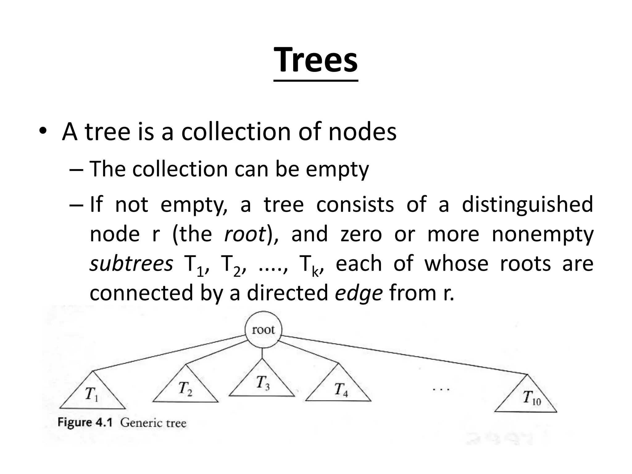 Trees
• A tree is a collection of nodes
– The collection can be empty
– If not empty, a tree consists of a distinguished
node r (the root), and zero or more nonempty
subtrees T1, T2, ...., Tk, each of whose roots are
connected by a directed edge from r.
 