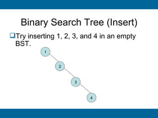 Binary Search Tree (Insert)
Try inserting 1, 2, 3, and 4 in an empty
 BST.
           1


                2



                     3



                          4
 