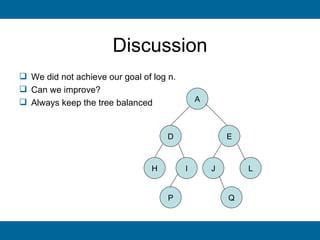 Discussion
 We did not achieve our goal of log n.
 Can we improve?
 Always keep the tree balanced               A



                                     D                E



                                 H        I       J       L


                                     P                Q
 