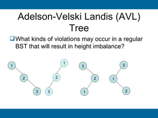 Adelson-Velski Landis (AVL)
               Tree
 What kinds of violations may occur in a regular
  BST that will result in height imbalance?


1                         3              3


     2                         2     1


         3                 1                 2
 