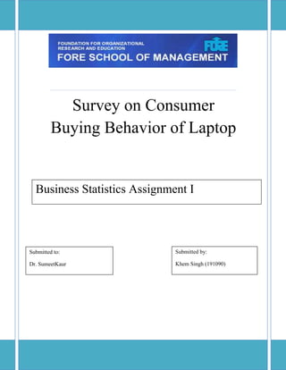 centerbottom10500090000centercenter0105000centercenter0105000centertop10500090000 4476751532255Survey on Consumer Buying Behavior of Laptop00Survey on Consumer Buying Behavior of Laptop37548773648642Submitted by:Khem Singh (191090)00Submitted by:Khem Singh (191090)-2171703648075Submitted to:Dr. Sumeet Kaur4000020000Submitted to:Dr. Sumeet Kaur-476251827530            Business Statistics Assignment I020000            Business Statistics Assignment I<br />Table of Contents TOC  quot;
1-3quot;
    About the Survey PAGEREF _Toc278737834  3Industry Profile PAGEREF _Toc278737835  4Major Findings and Analysis PAGEREF _Toc278737836  5Data Summary PAGEREF _Toc278737837  7Brand preference PAGEREF _Toc278737838  7Budget PAGEREF _Toc278737839  8Preferred screen size PAGEREF _Toc278737840  9Purpose of buying Laptop PAGEREF _Toc278737841  10Original Operating System PAGEREF _Toc278737842  10After Sales Service PAGEREF _Toc278737843  11Optical Drive PAGEREF _Toc278737844  12Promotional offer PAGEREF _Toc278737845  12Measure of Location PAGEREF _Toc278737846  13Mean, Median & Mode PAGEREF _Toc278737847  13Mean PAGEREF _Toc278737848  13Median PAGEREF _Toc278737849  14Mode PAGEREF _Toc278737850  14Measure of Variability PAGEREF _Toc278737851  15Variance PAGEREF _Toc278737853  15Standard Deviation PAGEREF _Toc278737854  15Coefficient of Variation PAGEREF _Toc278737855  15Probability of events PAGEREF _Toc278737856  16Hypothesis PAGEREF _Toc278737861  18State the hypothesis PAGEREF _Toc278737862  18Formulate an analysis plan PAGEREF _Toc278737863  18Analyze sample data PAGEREF _Toc278737864  19Interpret results PAGEREF _Toc278737865  19Annexure PAGEREF _Toc278737866  21<br />About the Survey<br />Consumer Buying Behavior of Laptop is a survey to gather feedback about User’s buying behavior of laptop and their various preferences and suggestions. The purpose of the survey is to gather as much information as possible and then to apply various Business Statistics tools to summarize and analyze the collected data to make out further inferences and trends prevailing. <br />There were over 77 respondents to the survey. We would like to thank them for their participation.<br />As part of the survey, respondents were supposed to state their preferences and opinions on issues ranging from which Brand they prefer to what is their budget for buying a laptop to what all they look for in a laptop, etc. The survey was basically weaved around the various parameters that a consumer considers while buying a laptop and what all factors influences the purchase, like price, brand, configuration, purpose etc. The demographic variables collected include: age & gender.<br />The Questionnaire was administered online, hosted on FOREIAN.COM and apart from publishing it on the website the survey was promoted through social media websites like twitter and Facebook.<br />Industry Profile<br />Laptops were originally considered to be quot;
a small niche marketquot;
 and were thought suitable mostly for quot;
specialized field applicationsquot;
 such as quot;
the military, the Internal Revenue Service, accountants and sales representativesquot;
. But today, there are already more laptops than desktops in businesses, and laptops are becoming obligatory for student use and more popular for general use. The laptop sales are growing at much faster rate than projected. India's personal computer market is undergoing a major transition. However, laptop computers cannot completely wipe out desktop computers, because both are designed to meet different needs or different consumer segments. <br />Major Players: The major players in the laptop category are: <br />Hewlett Packard (HP) <br />Apple<br />Dell Computers <br />Sony <br />Growth Drivers: <br />Indian Laptop market in now in sync with global market. It was in 2005 that sales of laptops surpassed the sales of desktop computers for the first time in India. <br />The Laptop market is growing at a fast rate because of change in work life of consumers. As the need for quot;
anytime anywherequot;
 access to information is increasing, the sales of Laptops are also increasing. <br />Other factors that are responsible for the hike in sales figure are reduction in prices and affordability. Laptops are now sold at approximately half the price at which they were sold two years ago. Laptops prices are now almost at par with the desktop computer prices. <br />The third most important factor is duty free import of Laptops as a personal baggage that has helped a lot in increasing the penetration level of the product among the consumer population. Awareness about laptops has also increased over the years. <br />Major Findings and Analysis<br />,[object Object]