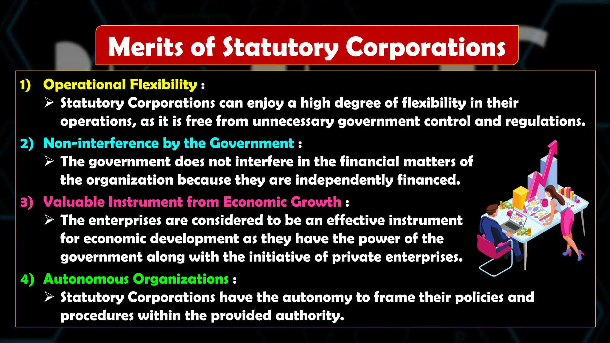 1) Operational Flexibility :
 Statutory Corporations can enjoy a high degree of flexibility in their
operations, as it is free from unnecessary government control and regulations.
2) Non-interference by the Government :
 The government does not interfere in the financial matters of
the organization because they are independently financed.
3) Valuable Instrument from Economic Growth :
 The enterprises are considered to be an effective instrument
for economic development as they have the power of the
government along with the initiative of private enterprises.
4) Autonomous Organizations :
 Statutory Corporations have the autonomy to frame their policies and
procedures within the provided authority.
Merits of Statutory Corporations
 