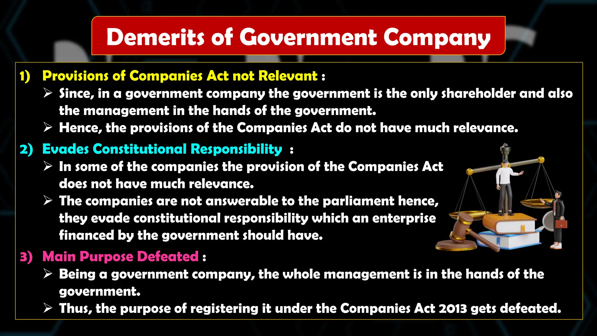 1) Provisions of Companies Act not Relevant :
 Since, in a government company the government is the only shareholder and also
the management in the hands of the government.
 Hence, the provisions of the Companies Act do not have much relevance.
2) Evades Constitutional Responsibility :
 In some of the companies the provision of the Companies Act
does not have much relevance.
 The companies are not answerable to the parliament hence,
they evade constitutional responsibility which an enterprise
financed by the government should have.
3) Main Purpose Defeated :
 Being a government company, the whole management is in the hands of the
government.
 Thus, the purpose of registering it under the Companies Act 2013 gets defeated.
Demerits of Government Company
 