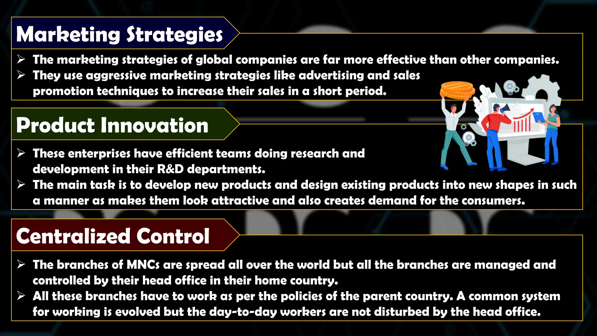  These enterprises have efficient teams doing research and
development in their R&D departments.
 The main task is to develop new products and design existing products into new shapes in such
a manner as makes them look attractive and also creates demand for the consumers.
 The marketing strategies of global companies are far more effective than other companies.
 They use aggressive marketing strategies like advertising and sales
promotion techniques to increase their sales in a short period.
Marketing Strategies
Product Innovation
 The branches of MNCs are spread all over the world but all the branches are managed and
controlled by their head office in their home country.
 All these branches have to work as per the policies of the parent country. A common system
for working is evolved but the day-to-day workers are not disturbed by the head office.
Centralized Control
 