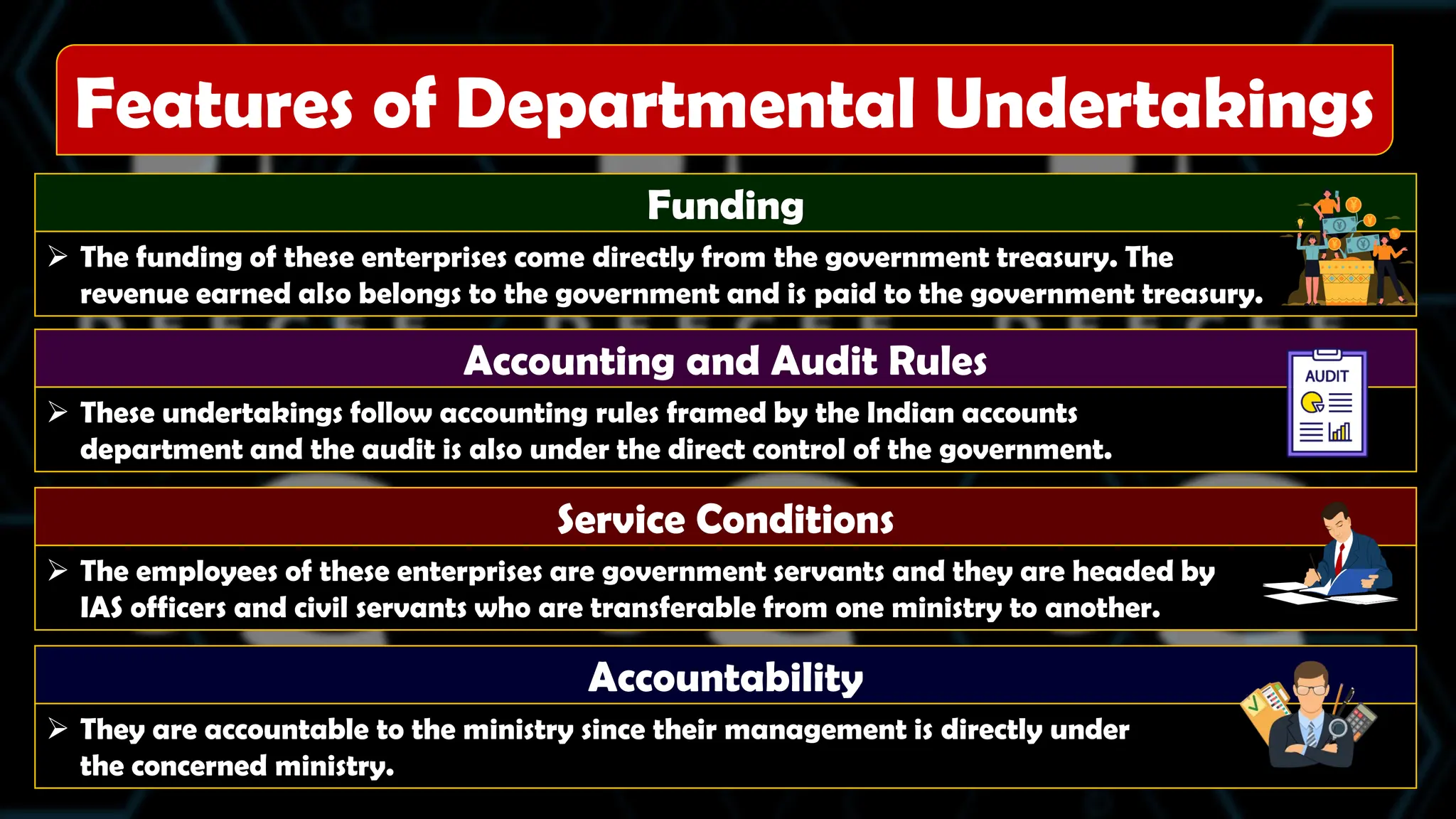 Funding
 The funding of these enterprises come directly from the government treasury. The
revenue earned also belongs to the government and is paid to the government treasury.
Accounting and Audit Rules
 These undertakings follow accounting rules framed by the Indian accounts
department and the audit is also under the direct control of the government.
Service Conditions
 The employees of these enterprises are government servants and they are headed by
IAS officers and civil servants who are transferable from one ministry to another.
Features of Departmental Undertakings
Accountability
 They are accountable to the ministry since their management is directly under
the concerned ministry.
 