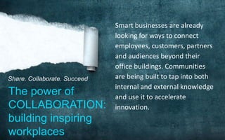 Smart businesses are already looking for ways to connect employees, customers, partners and audiences beyond their office buildings. Communities are being built to tap into both internal and external knowledge and use it to accelerate innovation. Share. Collaborate. Succeed  The power of COLLABORATION: building inspiring workplaces 