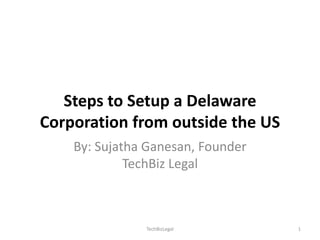 Steps to Setup a Delaware
Corporation from outside the US
By: Sujatha Ganesan, Founder
TechBiz Legal
TechBizLegal 1
 