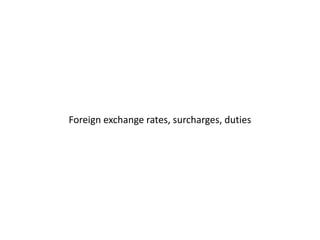 Foreign exchange rates, surcharges, duties

 