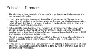 Suhasini - Fabmart
• The above case is an example of a successful organisation which is amongst the
top companies in India.
• It has risen to the top because of its quality of management. Management is
required in all kinds of organisations whether they are manufacturing computers
or handlooms, trading in consumer goods or providing hairstyling services and
even in non-business organisations.
• Suhasini is the branch manager of Fabmart, an organisation that promotes the
sales of Indian handloom and handicraft products while providing equitable
employment to traditional artisans. Fabmart sources its products from over 7500
craft persons and artisans across India.
• Planning the products is a difficult task that is done by a team of marketing and
design experts to ensure that whatever is produced is according to market
demand.
• It has a complex organisation structure in which actual production is in the hands
of several skilled artisans and marketing is done by staff at branches such as the
one managed by Suhasini.
 