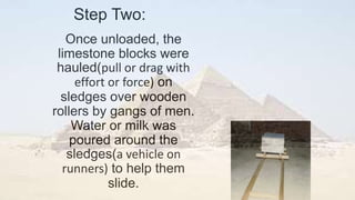 Step Two:
Once unloaded, the
limestone blocks were
hauled(pull or drag with
effort or force) on
sledges over wooden
rollers by gangs of men.
Water or milk was
poured around the
sledges(a vehicle on
runners) to help them
slide.
 