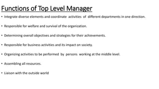 Functions of Top Level Manager
• Integrate diverse elements and coordinate activities of different departments in one direction.
• Responsible for welfare and survival of the organization.
• Determining overall objectives and strategies for their achievements.
• Responsible for business activities and its impact on society.
• Organizing activities to be performed by persons working at the middle level.
• Assembling all resources.
• Liaison with the outside world
 