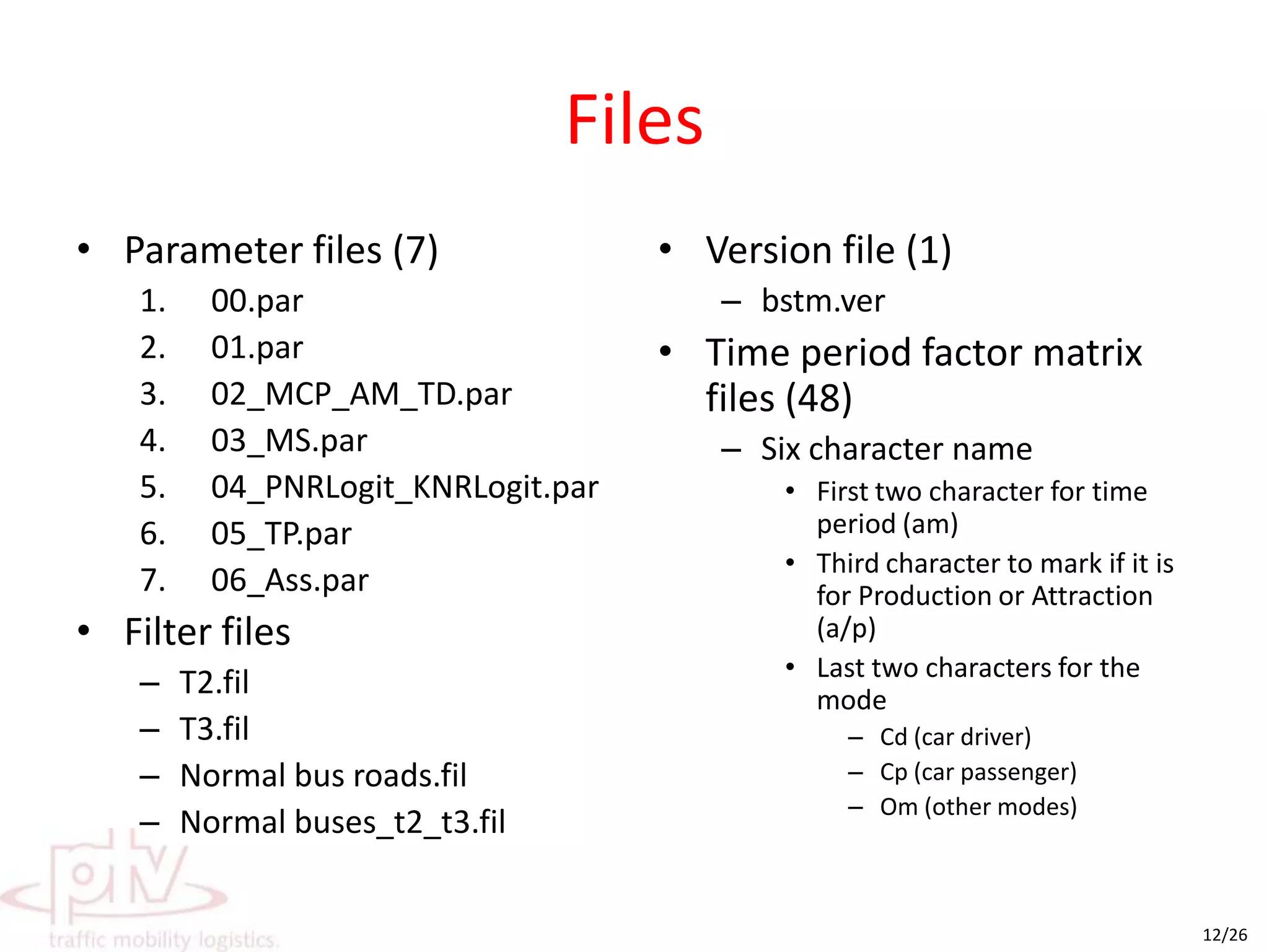 Folder SetupModel can be run at any location in the computer butA pfd needs to be designed and saved (as std.pfd) and copied at <../PTV_Vision/VISUM10/Exe> folderFolder carrying the model has two sub-foldersmatrices: (to keep most of the output matrices)tpfmatrices: (to keep time period factor matrices)