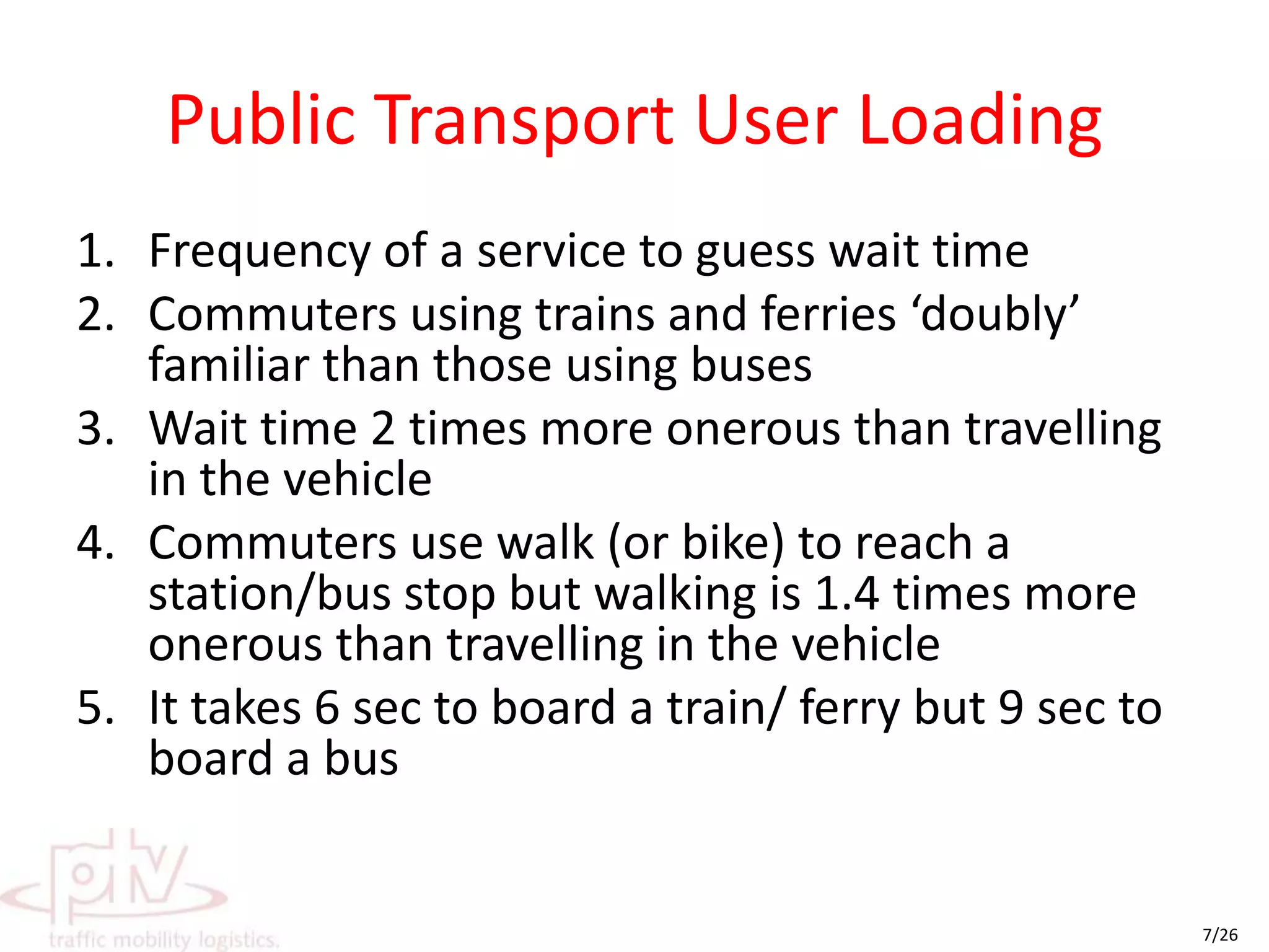 Private Vehicle LoadingLinks divided into various types based onMax Capacity of a lane (600 cars to 2100 cars)Free Flow Speed (20kmph to 100kmph)J FactorCongested time on links is found by Akcelik functiont = to + 0.25 Tf[(V/C-1) + {(V/C-1)2 + 8 J (V/C) / (C Tf)}0.5]