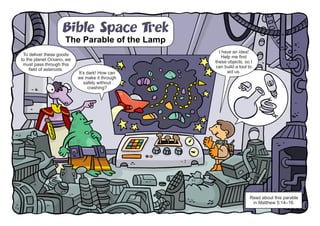 Bible Space Trek
                     The Parable of the Lamp
                                                  I have an idea!
 To deliver these goods
                                                    Help me find
to the planet Orxano, we
                                                these objects, so I
 must pass through this
                                                can build a tool to
    field of asteroids.
                           It’s dark! How can         aid us.
                           we make it through
                              safely without
                                crashing?




                                                                 Read about this parable
                                                                  in Matthew 5:14–16.
 