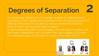 Degrees of Separation
As a humorous tribute to X, a "X number" is given to mathematicians
according to their collaborative proximity to him. He was also known for
offering small prizes for solutions to various unresolved problems,
some of which are still active after his death.
If Alice collaborates with X on one paper, and with Bob on another, but
Bob never collaborates with X himself, then Alice is given a X number
of 1 and Bob is given a X number of 2, as he is two steps from X.
2
 