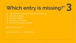 Which entry is missing?*
● The Bombay Burmah Trading Corporation
● Bombay Dyeing
● Bombay Realty
● Britannia Industries
● National Peroxide Limited
What is this a list of?
(Sum of entries +1 -> exhaustive)
3
 
