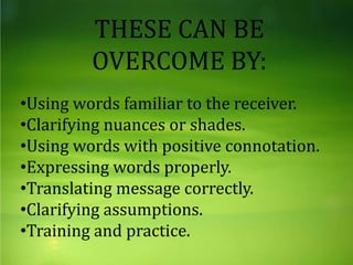 THESE CAN BE
OVERCOME BY:
•Using words familiar to the receiver.
•Clarifying nuances or shades.
•Using words with positive connotation.
•Expressing words properly.
•Translating message correctly.
•Clarifying assumptions.
•Training and practice.
 