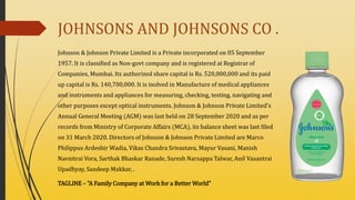 JOHNSONS AND JOHNSONS CO .
Johnson & Johnson Private Limited is a Private incorporated on 05 September
1957. It is classified as Non-govt company and is registered at Registrar of
Companies, Mumbai. Its authorized share capital is Rs. 520,000,000 and its paid
up capital is Rs. 140,700,000. It is inolved in Manufacture of medical appliances
and instruments and appliances for measuring, checking, testing, navigating and
other purposes except optical instruments. Johnson & Johnson Private Limited's
Annual General Meeting (AGM) was last held on 28 September 2020 and as per
records from Ministry of Corporate Affairs (MCA), its balance sheet was last filed
on 31 March 2020. Directors of Johnson & Johnson Private Limited are Marco
Philippus Ardeshir Wadia, Vikas Chandra Srivastava, Mayur Vasani, Manish
Navnitrai Vora, Sarthak Bhaskar Ranade, Suresh Narsappa Talwar, Anil Vasantrai
Upadhyay, Sandeep Makkar, .
TAGLINE – "A Family Company at Work for a Better World"
 