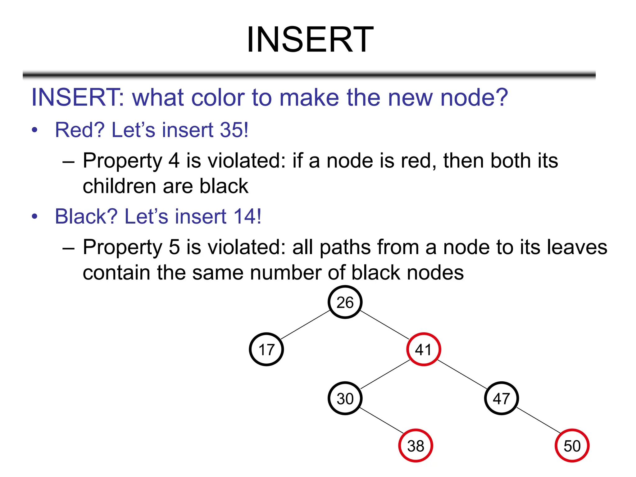36
INSERT
INSERT: what color to make the new node?
• Red? Let’s insert 35!
– Property 4 is violated: if a node is red, then both its
children are black
• Black? Let’s insert 14!
– Property 5 is violated: all paths from a node to its leaves
contain the same number of black nodes
26
17 41
30 47
38 50
 