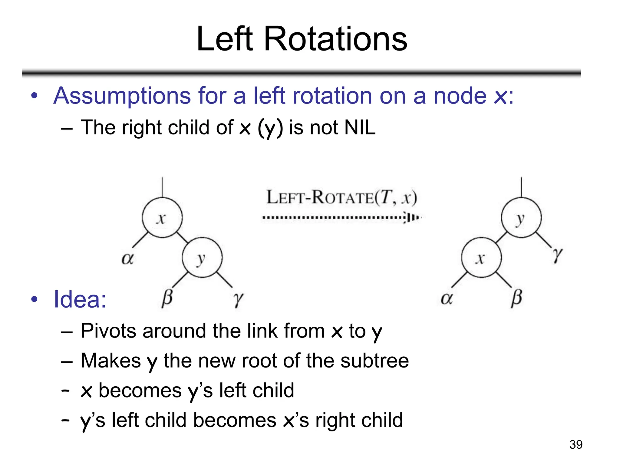 39
Left Rotations
• Assumptions for a left rotation on a node x:
– The right child of x (y) is not NIL
• Idea:
– Pivots around the link from x to y
– Makes y the new root of the subtree
– x becomes y’s left child
– y’s left child becomes x’s right child
 