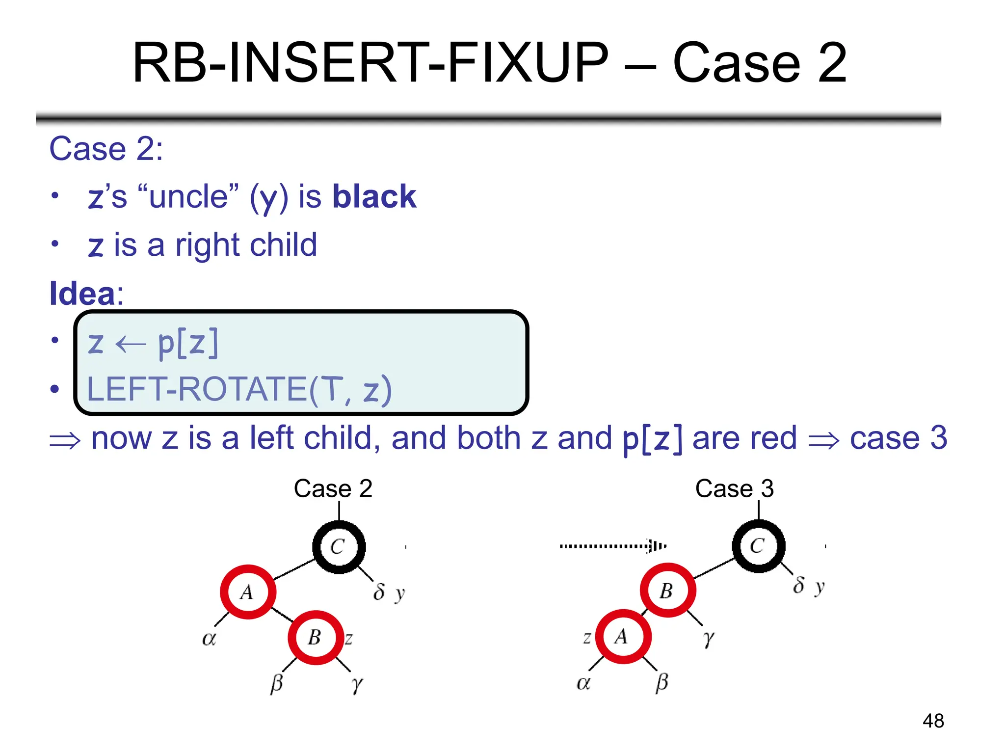 48
RB-INSERT-FIXUP – Case 2
Case 2:
• z’s “uncle” (y) is black
• z is a right child
Idea:
• z  p[z]
• LEFT-ROTATE(T, z)
 now z is a left child, and both z and p[z] are red  case 3
Case 2 Case 3
 