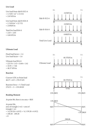 Live Load
Live load from slab B-H/2-6
= 1.5 kN / m² × (3.5/2)
= 2.63 kN/m
Live load from slab B-H/6-8
= 1.5 kN/m2
× (2.7/2)
= 2.03kN/m
Total live load B/6-8
= 2.63 + 2.03
= 4.66 kN/m
Ultimate Load
Dead load factor = 1.4
Live load factor = 1.6
Ultimate load B/6-8
= (23.51× 1.4) + (4.66 × 1.6)
= 32.91 + 7.46
= 40.37 kN/m
Reaction
Convert UDL to Point load
40.37 × 6.9 = 278.55 kN
Reaction force = ½ Total Load
278.55 ÷ 2 = 139.28 kN
Bending Moment
At point B6, there is no area = 0kN
At point H6,
area of triangle (+ve) + area of
triangle (-ve)
= ½(139.28 × 6.9/2) + ½(-139.28 × 6.9/2)
= 240.26 - 240.26
= 0
4.66kN/m
B6
B6
B6
+
+
-
H6
H6
H6
Slab B-H/2-6
Ultimate Load
Slab B-H/6-8
Total Live Load
2.03kN/m
2.63kN/m
40.37kN/m
40.37kN/m
139.28kN
0kN
0kN
139.28kN
-139.28kN
240.26
0kN
0kN
139.28kN
6.9m
 