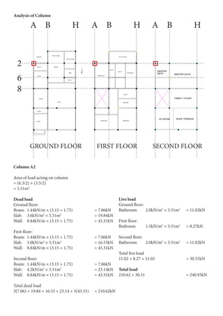 Column A2
Area of load acting on column
= (6.3/2) × (3.5/2)
= 5.51m2
Dead load
Ground floor:
Beam: 	1.44kN/m × (3.15 + 1.75) 		 = 7.06kN
Slab:	3.6kN/m2
× 5.51m2
			 = 19.84kN
Wall:	 8.84kN/m × (3.15 + 1.75) 		 = 43.31kN
First floor:
Beam: 	1.44kN/m × (3.15 + 1.75) 		 = 7.06kN
Slab:	3.0kN/m2
× 5.51m2
			 = 16.53kN
Wall:	 8.84kN/m × (3.15 + 1.75) 		 = 43.31kN
Second floor:
Beam: 	1.44kN/m × (3.15 + 1.75) 		 = 7.06kN
Slab:	4.2kN/m2
× 5.51m2
			 = 23.14kN
Wall:	 8.84kN/m × (3.15 + 1.75) 		 = 43.31kN
Total dead load
3(7.06) + 19.84 + 16.53 + 23.14 + 3(43.31)	 = 210.62kN
Live load
Ground floor:
Bathroom	2.0kN/m2
× 5.51m2
	 = 11.02kN
First floor:
Bedroom	1.5kN/m2
× 5.51m2
	 = 8.27kN
Second floor:
Bathroom	2.0kN/m2
× 5.51m2
	 = 11.02kN
Total live load
11.02 + 8.27 + 11.02			 = 30.31kN
Total load
210.62 + 30.31				 = 240.93kN
Analysis of Column
SECOND FLOOR
F
1
2
3
5
6
7
8
10
11
14
13
D G
AV ROOM
FAMILY / STUDY
MASTER SUITEBATH
ROOF TERRACE
MASTER
PRODUCEDBYANAUTODESKEDUCATIONALPRODUCT
PRODUCEDBYANAUTODESKEDUCATIONALPRODUCT
PRODUCEDBYANAUTODESKEDUCATIONALPRODUCT
PRODUCED BY AN AUTODESK EDUCATIONAL PRODUCT
F
1
2
3
5
6
7
8
10
11
14
13
D G
GROUND FLOOR
DRY KITCHEN
DINING
WET KITCHEN
MAID
TERRACE
BATH 6
GUEST
LIVING
FOYER
STORE
BATH 7
STAIRS
PRODUCEDBYANAUTODESKEDUCATIONALPRODUCT
PRODUCEDBYANAUTODESKEDUCATIONALPRODUCT
PRODUCEDBYANAUTODESKEDUCATIONALPRODUCT
PRODUCED BY AN AUTODESK EDUCATIONAL PRODUCT
F
1
2
3
5
6
7
8
10
11
14
13
D G
FIRST FLOOR
BEDROOM 4
RC FLAT ROOF
BATH 3
BATH 4
BEDROOM 3
BATH 2
DRESSING
BEDROOM 5 BEDROOM 2
PRODUCED BY AN AUTODESK EDUCATIONAL PRODUCT
PRODUCEDBYANAUTODESKEDUCATIONALPRODUCT
PRODUCEDBYANAUTODESKEDUCATIONALPRODUCT
PRODUCEDBYANAUTODESKEDUCATIONALPRODUCT
2
GROUND FLOOR FIRST FLOOR SECOND FLOOR
A A AB B BH H H
6
8
 
