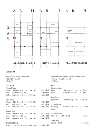 SECOND FLOOR
F
1
2
3
5
6
7
8
10
11
14
13
D G
AV ROOM
FAMILY / STUDY
MASTER SUITEBATH
ROOF TERRACE
MASTER
PRODUCEDBYANAUTODESKEDUCATIONALPRODUCT
PRODUCEDBYANAUTODESKEDUCATIONALPRODUCT
PRODUCEDBYANAUTODESKEDUCATIONALPRODUCT
PRODUCED BY AN AUTODESK EDUCATIONAL PRODUCT
F
1
2
3
5
6
7
8
10
11
14
13
D G
FIRST FLOOR
BEDROOM 4
RC FLAT ROOF
BATH 3
BATH 4
BEDROOM 3
BATH 2
DRESSING
BEDROOM 5 BEDROOM 2
PRODUCED BY AN AUTODESK EDUCATIONAL PRODUCT
PRODUCEDBYANAUTODESKEDUCATIONALPRODUCT
PRODUCEDBYANAUTODESKEDUCATIONALPRODUCT
PRODUCEDBYANAUTODESKEDUCATIONALPRODUCT
F
1
2
3
5
6
7
8
10
11
14
13
D G
GROUND FLOOR
DRY KITCHEN
DINING
WET KITCHEN
MAID
TERRACE
BATH 6
GUEST
LIVING
FOYER
STORE
BATH 7
STAIRS
PRODUCEDBYANAUTODESKEDUCATIONALPRODUCT
PRODUCEDBYANAUTODESKEDUCATIONALPRODUCT
PRODUCEDBYANAUTODESKEDUCATIONALPRODUCT
PRODUCED BY AN AUTODESK EDUCATIONAL PRODUCT
Column A8
Area of load acting on column
= (6.3/2) × (3.5/2)
= 5.51m2
Dead load
Ground floor:
Beam: 	1.44kN/m × (3.15 + 1.75 + 2.4) 	 = 10.51kN
Slab:	3.6kN/m2
× 9.71m2
			= 34.96kN
Wall:	 8.84kN/m × (3.15 + 1.75 + 2.4) 	 = 64.53kN
First floor:
Beam: 	1.44kN/m × (3.15 + 1.75 + 2.4) 	 = 10.51kN
Slab:	3.0kN/m2
× 5.51m2
			 = 16.53kN
Wall:	 8.84kN/m × (3.15 + 1.75 + 2.4) 	 = 64.53kN
Second floor:
Beam: 	1.44kN/m × (3.15 + 1.75 + 2.4) 	 = 10.51kN
Slab:	4.2kN/m2
× 5.51m2
			 = 23.14kN
Wall:	 8.84kN/m × (3.15 + 1.75 + 2.4) 	 = 64.53kN
Total dead load
3(10.51) + 34.96 + 16.53 + 23.14 + 3(64.53)	 = 299.75kN
Area of load acting on column (ground floor)
= (6.3/2 + 4.8/2) × (3.5/2)
= 9.71m2
Live load
Ground floor:
Guest		 1.5kN/m2
× 5.51m2
	 = 8.27kN
Stair		 2.0kN/m2
× 4.2m2
	 = 8.4kN
First floor:
Bedroom	1.5kN/m2
× 5.51m2
	 = 8.27kN
Second floor:
Dressing	2.0kN/m2
× 5.51m2
	 = 11.02kN
room
Total live load
8.27 + 8.4 + 8.27 + 11.02		 = 35.96kN
Total load
299.75 + 35.96				 = 335.71kN
2
GROUND FLOOR FIRST FLOOR SECOND FLOOR
A A AB B BH H H
6
8
 