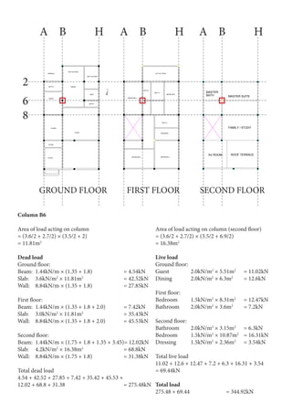 2
GROUND FLOOR FIRST FLOOR SECOND FLOOR
A A AB B BH H H
6
8
Column B6
Area of load acting on column
= (3.6/2 + 2.7/2) × (3.5/2 + 2)
= 11.81m2
Dead load
Ground floor:
Beam: 	1.44kN/m × (1.35 + 1.8)		 = 4.54kN
Slab:	3.6kN/m2
× 11.81m2
			 = 42.52kN
Wall:	 8.84kN/m × (1.35 + 1.8) 		 = 27.85kN
First floor:
Beam: 	1.44kN/m × (1.35 + 1.8 + 2.0) 	 = 7.42kN
Slab:	3.0kN/m2
× 11.81m2
			 = 35.43kN
Wall:	 8.84kN/m × (1.35 + 1.8 + 2.0)		 = 45.53kN
Second floor:
Beam: 	1.44kN/m × (1.75 + 1.8 + 1.35 + 3.45)= 12.02kN
Slab:	4.2kN/m2
× 16.38m2
			 = 68.8kN
Wall:	 8.84kN/m × (1.75 + 1.8)		 = 31.38kN
Total dead load
4.54 + 42.52 + 27.85 + 7.42 + 35.42 + 45.53 +
12.02 + 68.8 + 31.38				 = 275.48kN
Live load
Ground floor:
Guest		 2.0kN/m2
× 5.51m2
	 = 11.02kN
Dining		 2.0kN/m2
× 6.3m2
	 = 12.6kN
First floor:
Bedroom	1.5kN/m2
× 8.31m2
	 = 12.47kN
Bathroom	2.0kN/m2
× 3.6m2
	 = 7.2kN
Second floor:
Bathroom	2.0kN/m2
× 3.15m2
	 = 6.3kN
Bedroom	1.5kN/m2
× 10.87m2
	 = 16.31kN
Dressing	1.5kN/m2
× 2.36m2
	 = 3.54kN
Total live load
11.02 + 12.6 + 12.47 + 7.2 + 6.3 + 16.31 + 3.54	
= 69.44kN
Total load
275.48 + 69.44			 = 344.92kN
Area of load acting on column (second floor)
= (3.6/2 + 2.7/2) × (3.5/2 + 6.9/2)
= 16.38m2
SECOND FLOOR
F
1
2
3
5
6
7
8
10
11
14
13
D G
AV ROOM
FAMILY / STUDY
MASTER SUITEBATH
ROOF TERRACE
MASTER
PRODUCEDBYANAUTODESKEDUCATIONALPRODUCT
PRODUCEDBYANAUTODESKEDUCATIONALPRODUCT
PRODUCEDBYANAUTODESKEDUCATIONALPRODUCT
PRODUCED BY AN AUTODESK EDUCATIONAL PRODUCT
F
1
2
3
5
6
7
8
10
11
14
13
D G
FIRST FLOOR
BEDROOM 4
RC FLAT ROOF
BATH 3
BATH 4
BEDROOM 3
BATH 2
DRESSING
BEDROOM 5 BEDROOM 2
PRODUCED BY AN AUTODESK EDUCATIONAL PRODUCT
PRODUCEDBYANAUTODESKEDUCATIONALPRODUCT
PRODUCEDBYANAUTODESKEDUCATIONALPRODUCT
PRODUCEDBYANAUTODESKEDUCATIONALPRODUCT
F
1
2
3
5
6
7
8
10
11
14
13
D G
GROUND FLOOR
DRY KITCHEN
DINING
WET KITCHEN
MAID
TERRACE
BATH 6
GUEST
LIVING
FOYER
STORE
BATH 7
STAIRS
PRODUCEDBYANAUTODESKEDUCATIONALPRODUCT
PRODUCEDBYANAUTODESKEDUCATIONALPRODUCT
PRODUCEDBYANAUTODESKEDUCATIONALPRODUCT
PRODUCED BY AN AUTODESK EDUCATIONAL PRODUCT
 