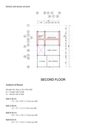 Analysis of Beams
Identify One Way or Two Way Slab
Ly = Longer side of slab
Lx - shorter side of slab
Slab A-B/2-6:
	 3.5 ÷ 3.6 = 0.97 ≤ 2, Two way slab
Slab A-B/6-8:
	 3.5 ÷ 2.7 = 1.3 ≤ 2, Two way slab
Slab B-H/2-6:
	 6.9 ÷ 3.6 = 1.92 ≤ 2, Two way slab
Slab B-h/6-8:
	 6.9 ÷ 2.7 = 2.56 ≥ 2, One way slab
SECOND FLOOR
B
F
1
2
5
7
10
CA E H
3
4
6
8
9
11
14
13
D
12
G
AV ROOM
MASTER
FAMILY / STUDY
MASTER SUITEBATH
ROOF TERRACE
PRODUCED BY AN AUTODESK EDUCATIONAL PRODUCT
PRODUCEDBYANAUTODESKEDUCATIONALPRODUCT
PRODUCEDBYANAUTODESKEDUCATIONALPRODUCT
PRODUCEDBYANAUTODESKEDUCATIONALPRODUCT
PENGE YEP SIANG 0315259
 