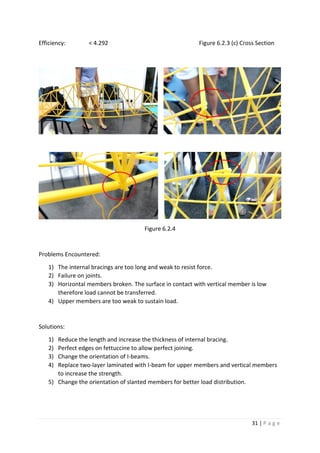 31 | P a g e
Efficiency: < 4.292 Figure 6.2.3 (c) Cross Section
Figure 6.2.4
Problems Encountered:
1) The internal bracings are too long and weak to resist force.
2) Failure on joints.
3) Horizontal members broken. The surface in contact with vertical member is low
therefore load cannot be transferred.
4) Upper members are too weak to sustain load.
Solutions:
1) Reduce the length and increase the thickness of internal bracing.
2) Perfect edges on fettuccine to allow perfect joining.
3) Change the orientation of I-beams.
4) Replace two-layer laminated with I-beam for upper members and vertical members
to increase the strength.
5) Change the orientation of slanted members for better load distribution.
 