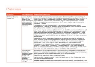 2 People in business
Syllabus ref. Learning objectives Suggested teaching activities
2.1 Human Resource
Management
Learners should be
able to identify and
explain the main
stages of recruitment
and understand the
difference between
internal and external
recruitment.
Learners identify reasons why a business needs workers. Most learners will have some knowledge of
recruitment through part-time jobs or other activities. Learners identify the various stages of recruitment to
create a list on the board. Complete the list, if necessary. Learners complete a card sorting activity to
include definitions, features, purpose and examples – show as a table. Learners produce a flowchart
outlining the stages of the recruitment process and identify reasons why each stage of recruitment is
important for a business.
Provide learners with three or four examples of a job description, person specification and job
advertisements for a particular job. Learners to identify the main features of each document. (I) Learners
write up the similarities and differences between the documents.
Learners, work in groups to produce a job advertisement, job description and person specification for a job
of their choice. Learners will need to carry out some simple research to make sure these documents do
match the requirements of the job selected. Display the job advertisements on a noticeboard. If time is
available, divide learners into groups. Half the class prepares to apply for one of the jobs, and the other
half prepares interview questions. Job interviews can take place, with learner’s role-playing as interviewers
and interviewee.
In pairs, learners identify different ways that a business can advertise vacancies. List methods on the
board. This should include both internal and external methods. Divide class into groups. Half the class
research internal methods and the other half external methods. They should include advantages and
disadvantages of each method. Learners to write up advantages and disadvantages in a table.
Provide learners with a range of different scenarios – a hospital needs to recruit a new doctor, a new
supervisor in a clothing factory, a bus driver, or a managing director for a public limited company – to
decide the most appropriate method of recruitment to use for each one. Ask one or two groups to present
their choices to the class for each option. Learners individually write up viewpoints. (F)
Explain the main
contents of an
employment contract
and the benefits of
these for both
employers and
employees.
Explain legal control
relating to
Provide learners with two or three examples of employment contracts and ask them to identify the main
features of the contract. Learners to produce a table summarising the benefits of employment to employers
and employees. Ask learners to share these benefits with the rest of the class (F).
Explain the main legal controls relating to employment issues.
Learners complete a card sorting activity in which they have to match the effect of a given legal control
upon either the employee or employer.
Extension activity: Learners to research examples of legal controls relating to employment issues in your
 