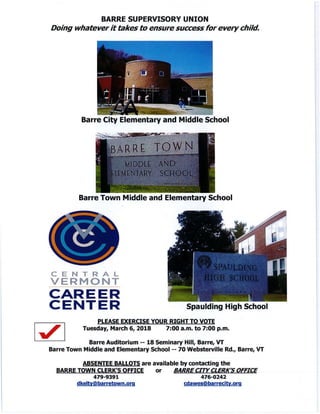Barre Supervisory Union Budget Flyer Fiscal Year 2018